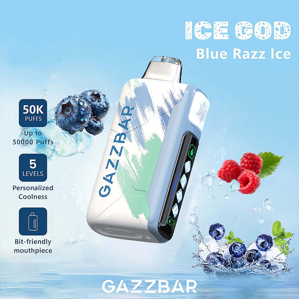 A Colorful, Modern Vape Device Labeled 'Ice God' In Blue Razz Ice Flavor, Featuring A Customizable Display For Up To 50,000 Puffs, Surrounded By Splashes Of Water And Blueberries, With Raspberries And Mint Leaves In The Background.