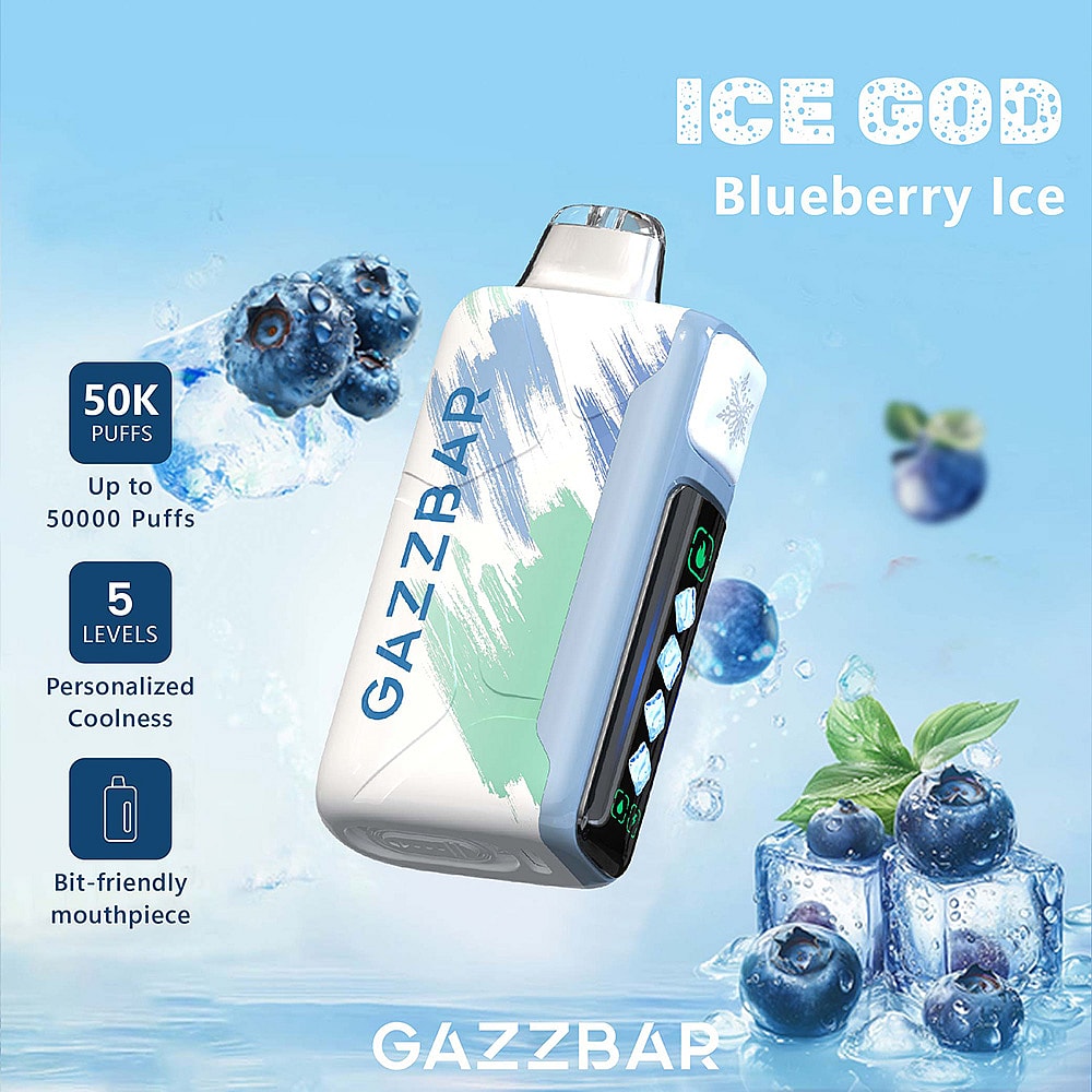 A Gazzbar Vape Device Titled 'Ice God Blueberry Ice' With A White And Light Blue Design, Featuring Text About Its Capability Of Up To 50,000 Puffs, Five Cooling Levels, A User-Friendly Mouthpiece, And Surrounded By Blueberries And Ice Cubes In A Refreshing Setting.