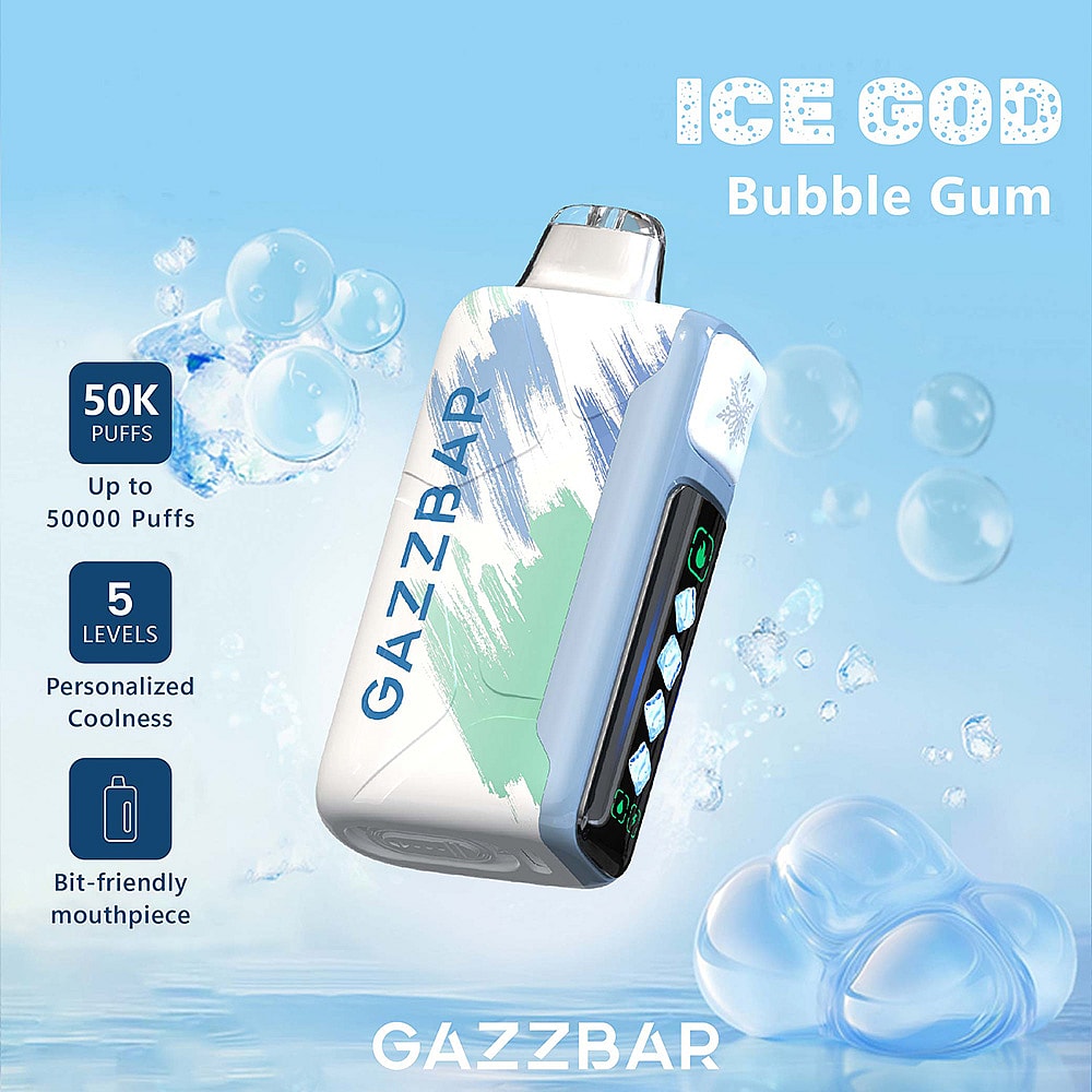 A Gazzbar Vape Device Labeled 'Ice God Bubble Gum' Showcasing Its Features With A Background Of Floating Bubbles, Highlighting Its Capacity For 50,000 Puffs, Adjustable Coolness Levels, And A User-Friendly Mouthpiece.