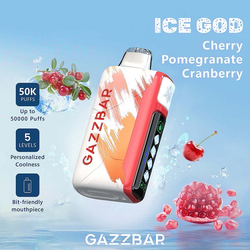 A Colorful Gazzbar Vape Device Labeled &Quot;Ice God&Quot; Features Cherry, Pomegranate, And Cranberry Designs, Displaying Key Product Information Like 50K Puffs And Customizable Coolness Settings, Against A Refreshing Blue Background With Fruit Splashes.