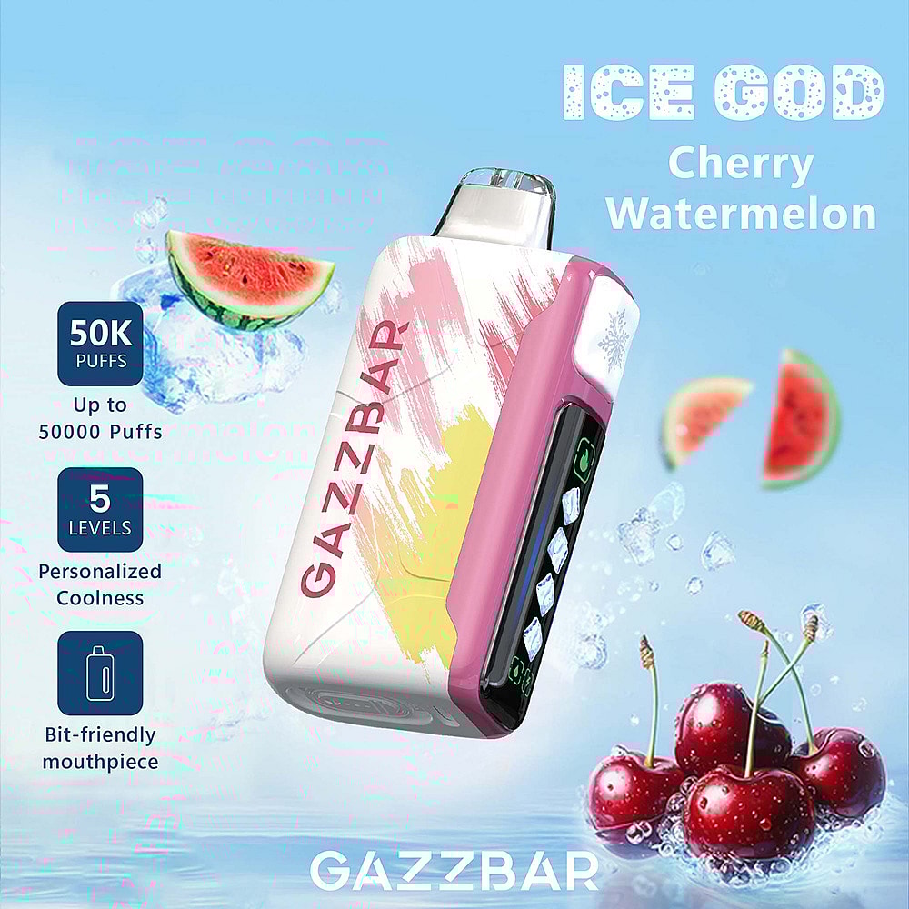 A Gazzbar Disposable Vape Labeled 'Ice God' With A Cherry Watermelon Flavor, Featuring A Colorful Design And Display Indicating 50K Puffs, Surrounded By Splashes Of Water, Watermelon Slices, And Cherries.