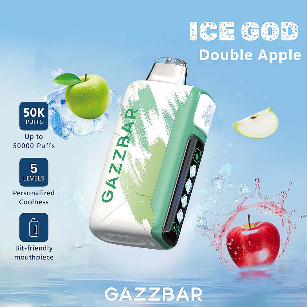 A Gazzbar Vape Device Labeled 'Ice God Double Apple' Showcasing Vibrant Green And White Colors, Set Against A Blue Background With Splashes Of Water And Images Of Whole Green And Red Apples, Indicating Features Like 50,000 Puffs And Five Coolness Levels.