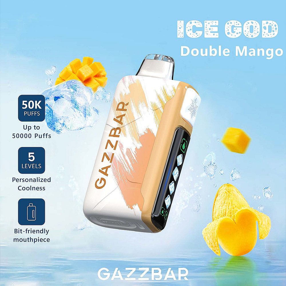 A Gazzbar Vape Device Labeled 'Ice God Double Mango' Showcases Its Features, Including A Colorful Design, Large Puff Capacity Of 50,000, Adjustable Coolness Levels, And A User-Friendly Mouthpiece, With Mango Slices And Ice Cubes In The Background.