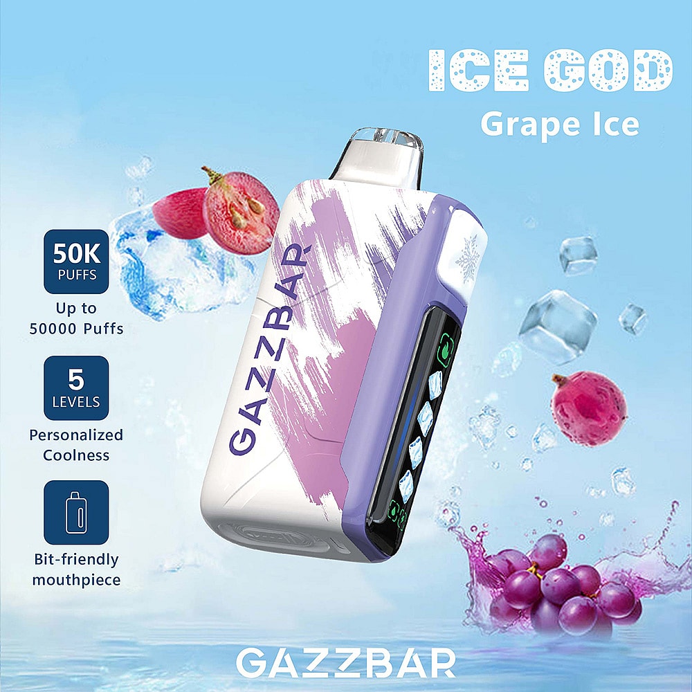 A Gazzbar Vaping Device Labeled &Quot;Ice God Grape Ice&Quot; With A Sleek Design, Displaying Features Such As A Digital Screen Showing Settings, Water Droplets, Ice Cubes, And Grapes In The Background, Highlighting Its Cool Flavor Options.