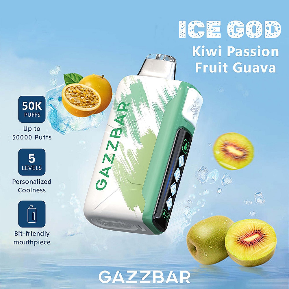 A Close-Up Of The Gazzbar Vape Device Labeled &Quot;Ice God&Quot; With Flavors Of Kiwi, Passion Fruit, And Guava, Showcasing Its Colorful Design, A Digital Display With Icons Indicating Settings, And Two Sliced Kiwi Fruits Beside It Against A Blue Background With Droplets Of Water.