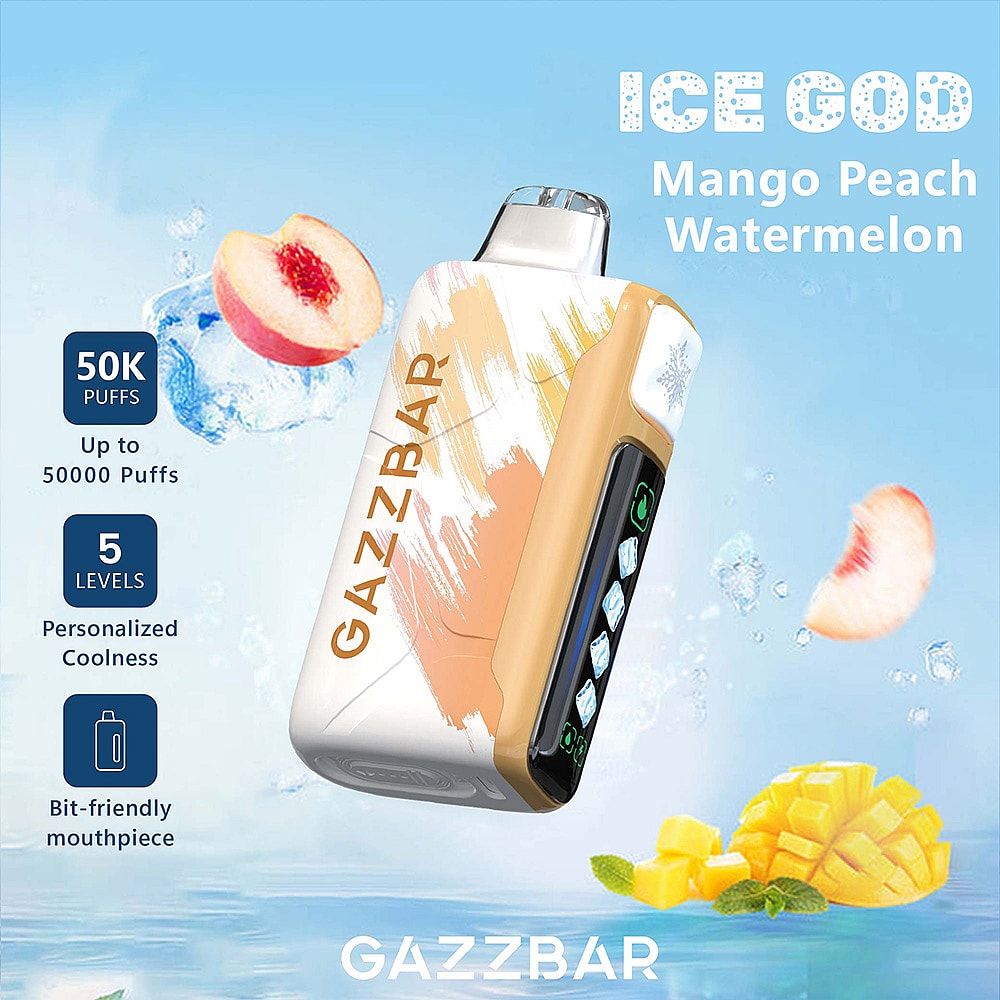 A Colorful Vaping Device Titled 'Gazzbar Ice God' Featuring Flavors Of Mango, Peach, And Watermelon, Set Against A Vibrant Blue Background With Fruit Images And Descriptions Highlighting Its Capacity For 50,000 Puffs And Customizable Coolness Levels.