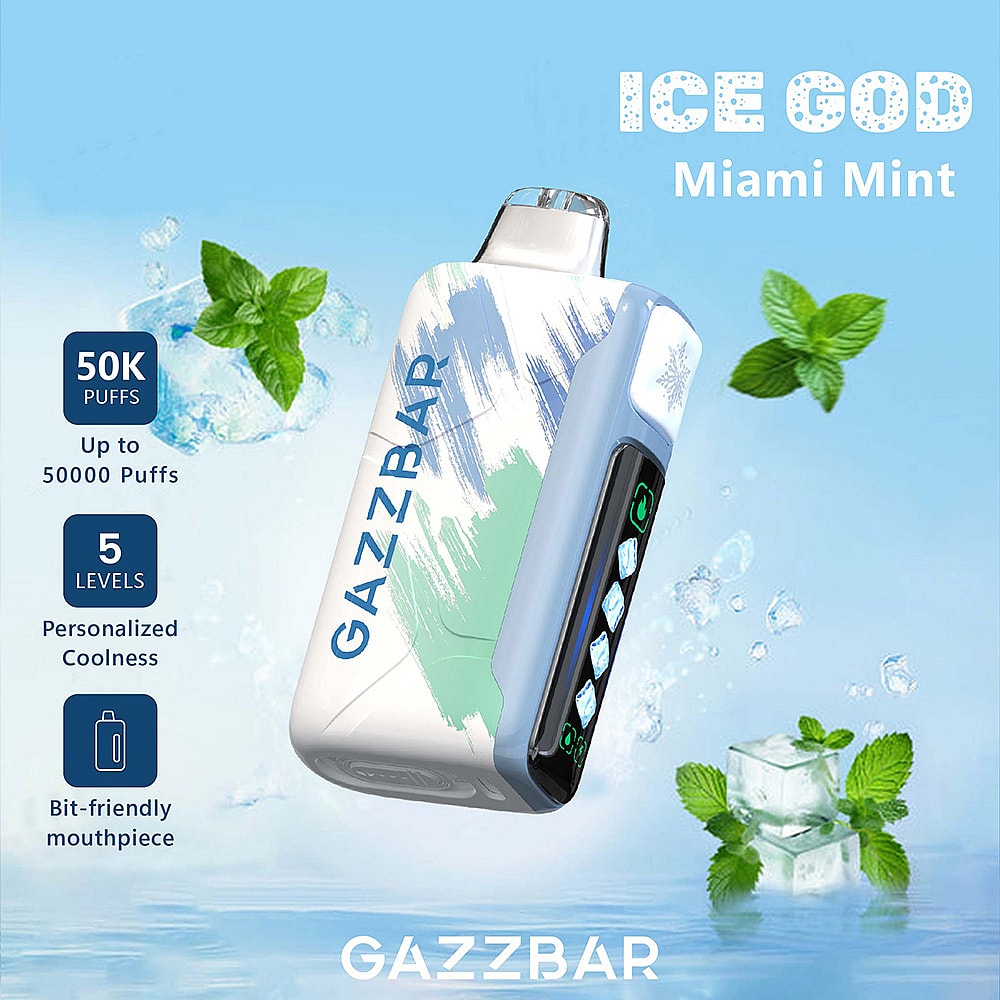 A Gazzbar Ice God Vape Device In Miami Mint Flavor, Prominently Displayed With Ice Cubes And Mint Leaves Around It, Featuring Capacity For 50,000 Puffs And Adjustable Coolness Levels, With A Sleek Design And Digital Display.