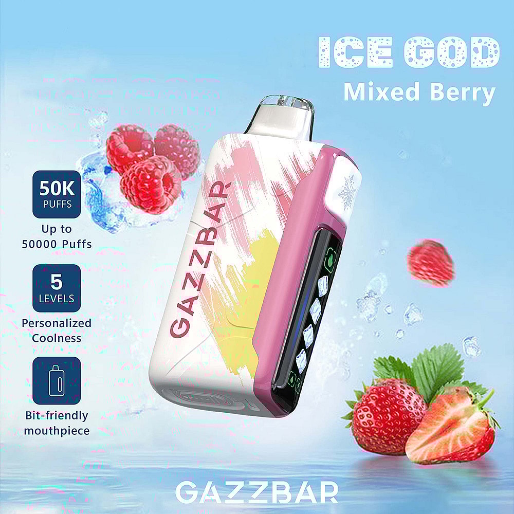 A Gazzbar Vape Device Labeled 'Ice God' In Mixed Berry Flavor, Surrounded By Ice-Blue Raspberries And Strawberries, Displaying Features Such As Up To 50,000 Puffs, Customizable Cooling Levels, And A User-Friendly Mouthpiece.