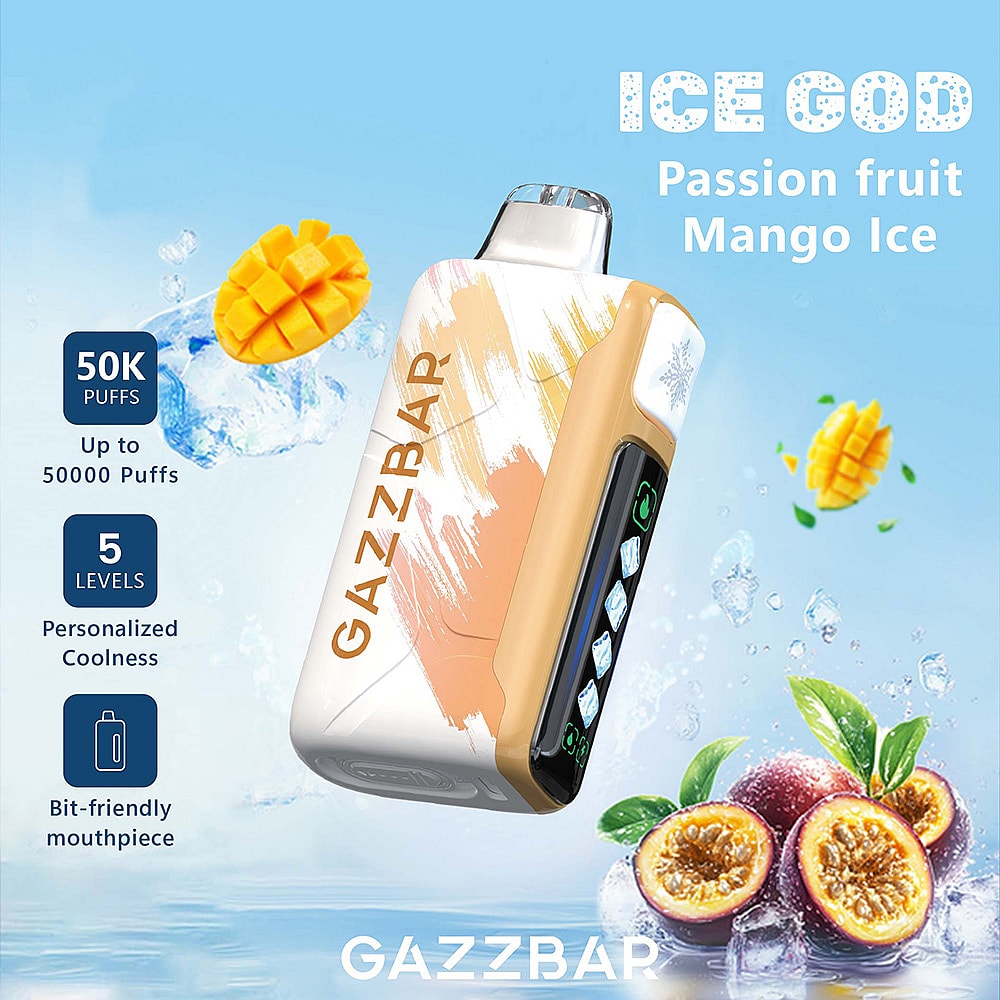 A Sleek Gazzbar Vape Device Showcasing A Colorful Design With A Prominent Focus On Its 'Ice God' Flavor Featuring Passion Fruit And Mango Ice, Set Against A Backdrop Of Ice Cubes And Tropical Fruit Graphics, Highlighting Its 50K Puff Capacity And Adjustable Cooling Levels.