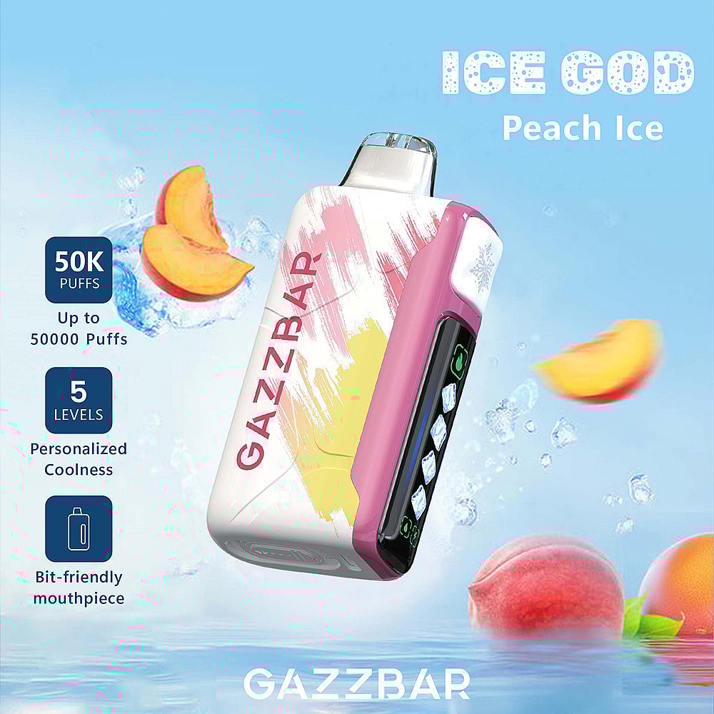 Close-Up Of The Gazzbar Ice God Vape Device Featuring A Colorful Design With A Pink Side, Labeled With Product Details Like '50K Puffs' And 'Peach Ice', Surrounded By Icy Peach Slices In A Blue Background.