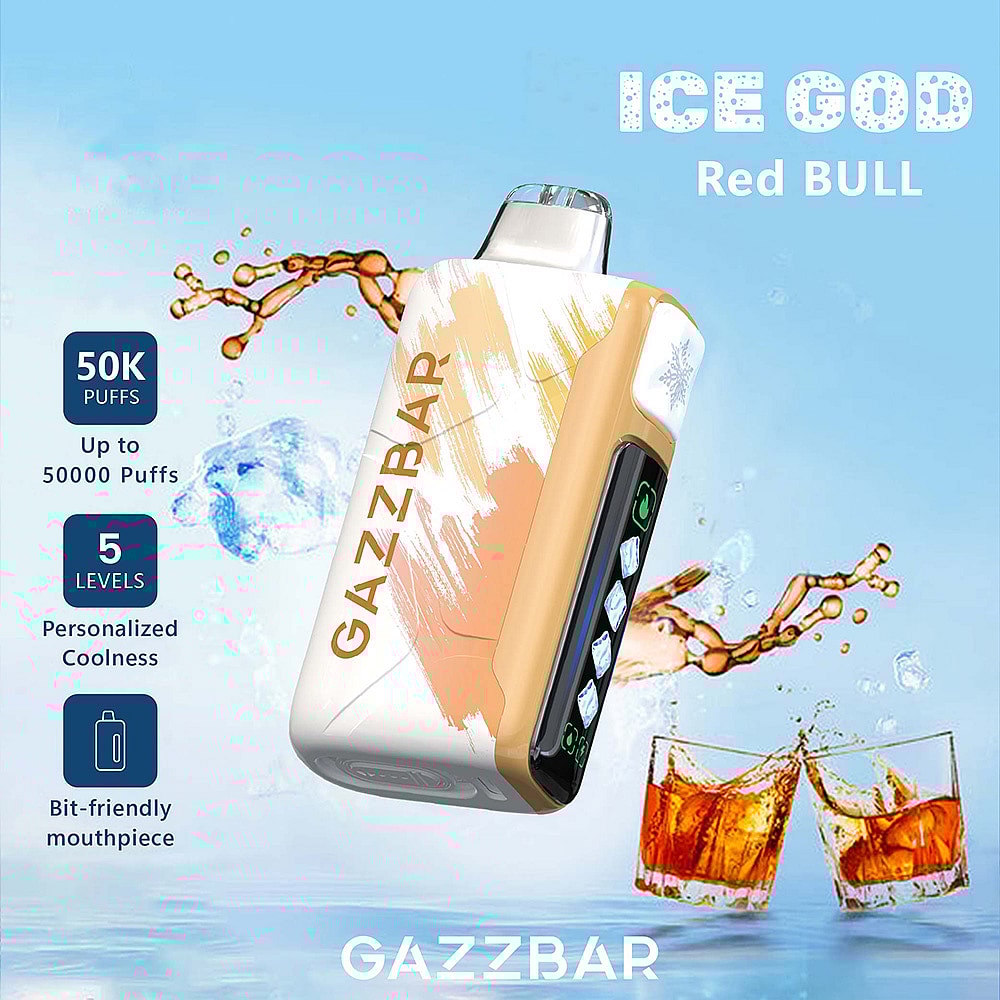 A Gazzbar Vape Device Labeled 'Ice God Red Bull' Featuring A Colorful Design, Displays Indications For 50,000 Puffs, 5 Levels Of Coolness, And A User-Friendly Mouthpiece, With Splashes Of Water And Two Glasses Of Liquid Suggesting Refreshing Enjoyment In The Background.