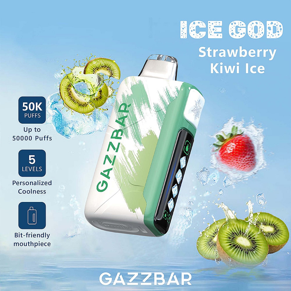 A Gazzbar Vape Device Labeled 'Ice God' With A Strawberry Kiwi Ice Flavor, Showcasing Its Sleek White And Green Design Against A Blue Background, Surrounded By Splashes Of Water And Images Of A Strawberry And Kiwi Fruit.