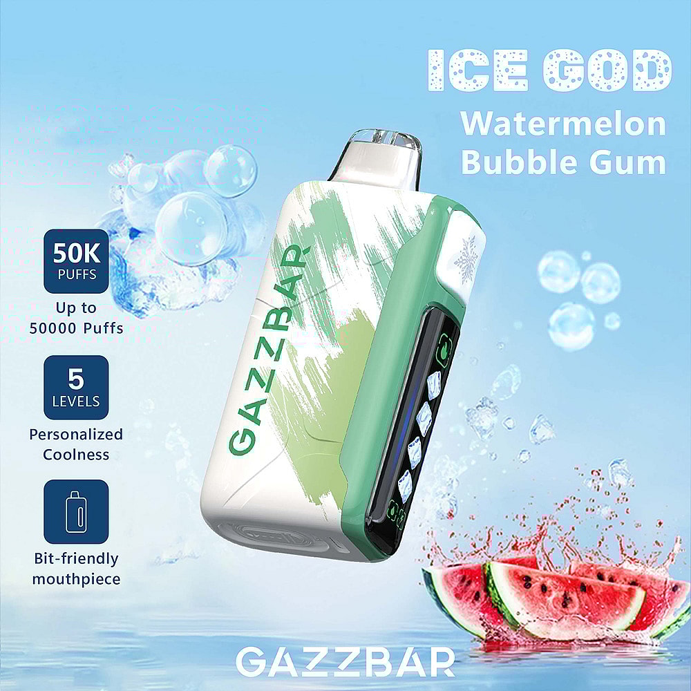 A Gazzbar Vape Device Labeled 'Ice God' With A Watermelon Flavor Design, Featuring A Green And White Color Scheme, Displaying A Digital Interface With Five Levels Of Personalization Against A Blue Water-Themed Background With Splashes And Slices Of Watermelon.