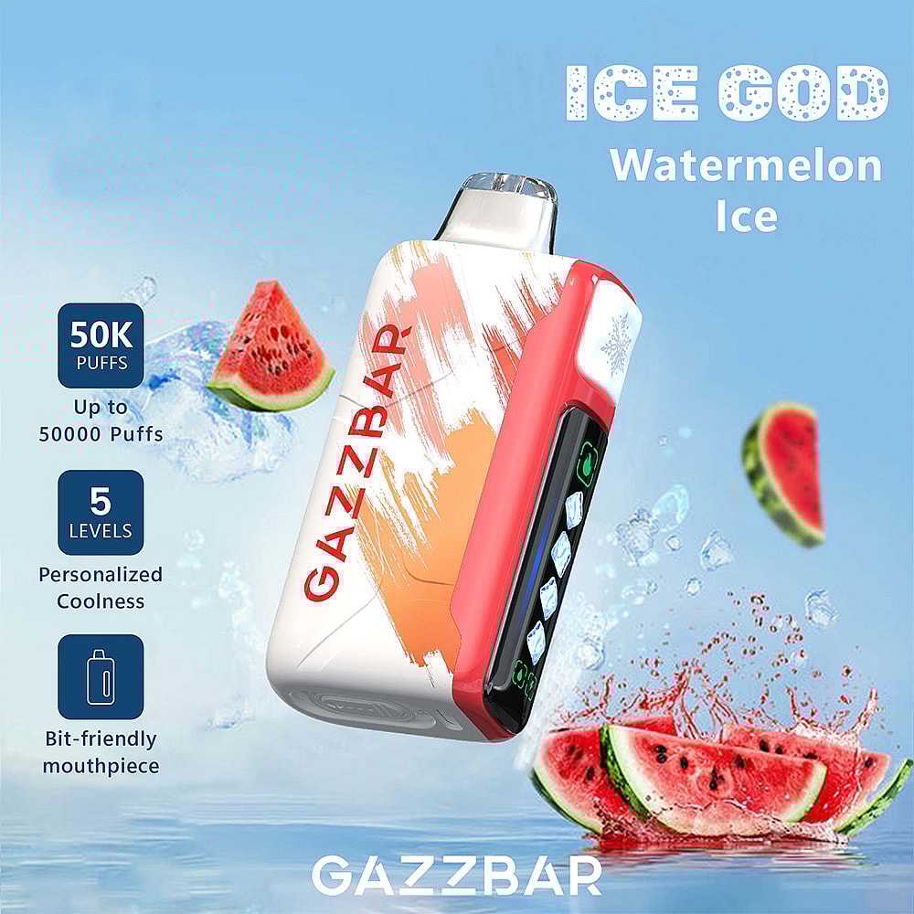 A Gazzbar Vape Device Labeled 'Ice God Watermelon Ice' With A Bright White And Red Design, Showcasing Features Like '50K Puffs', '5 Levels', And A Graphical Display, Surrounded By Splashing Water And Watermelon Slices In A Refreshing Setting.