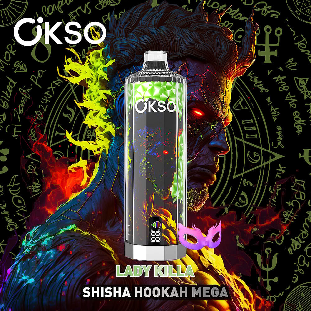A Colorful Promotional Image Featuring A Stylized Shisha Hookah Labeled &Quot;Lady Killa&Quot; Against A Dark, Mystical Background With Arcane Symbols, Depicting An Intense Male Figure With Fiery Features And Glowing Red Eyes.