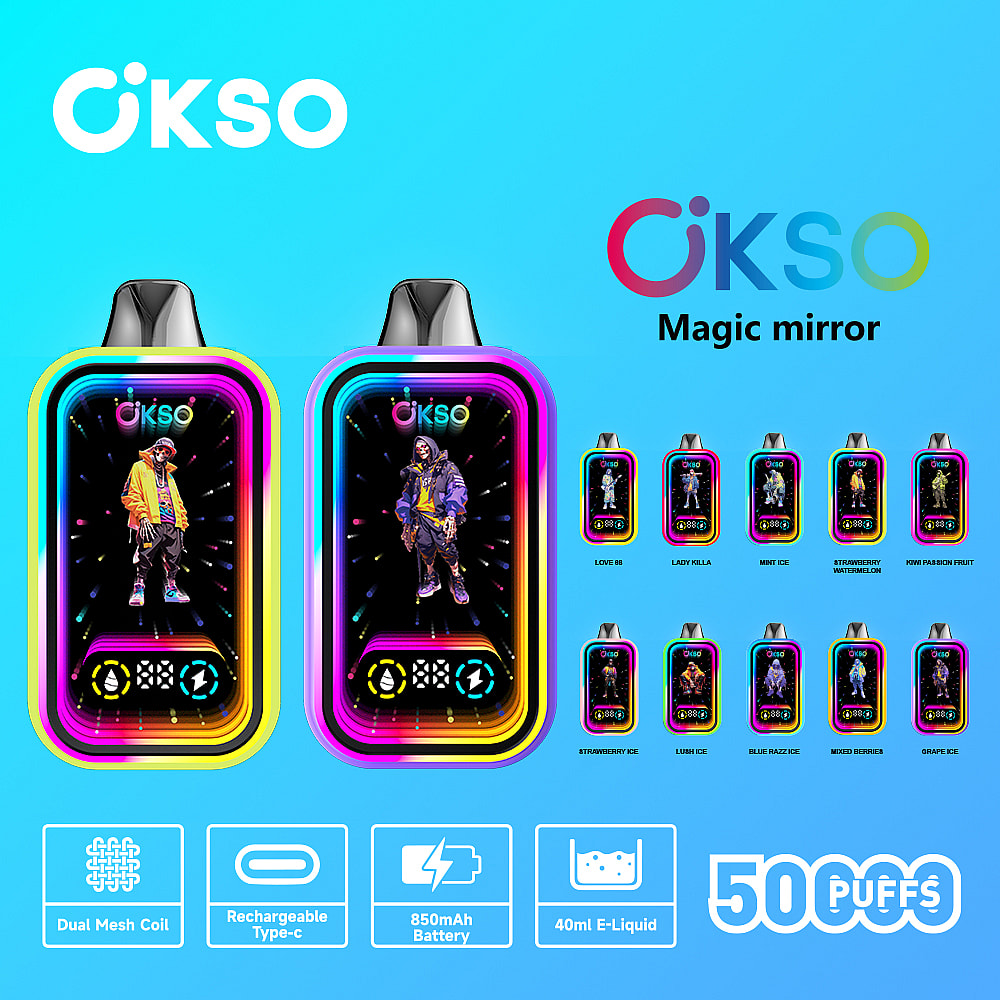 Un'immagine promozionale colorata che mostra due dispositivi per lo svapo chiamati Okso con personaggi animati sui loro schermi, che mostrano caratteristiche come una doppia bobina a rete, una porta di tipo C ricaricabile, una batteria da 850 mAh e una capacità di e-liquid di 40 ml, insieme a 11 opzioni di aromi elencate sul lato destro.