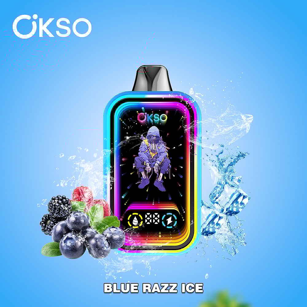 A Colorful Vape Device Featuring A Character In Blue And Purple With The Text 'Blue Razz Ice' Below, Surrounded By Berries And Ice Cubes Against A Light Blue Background.