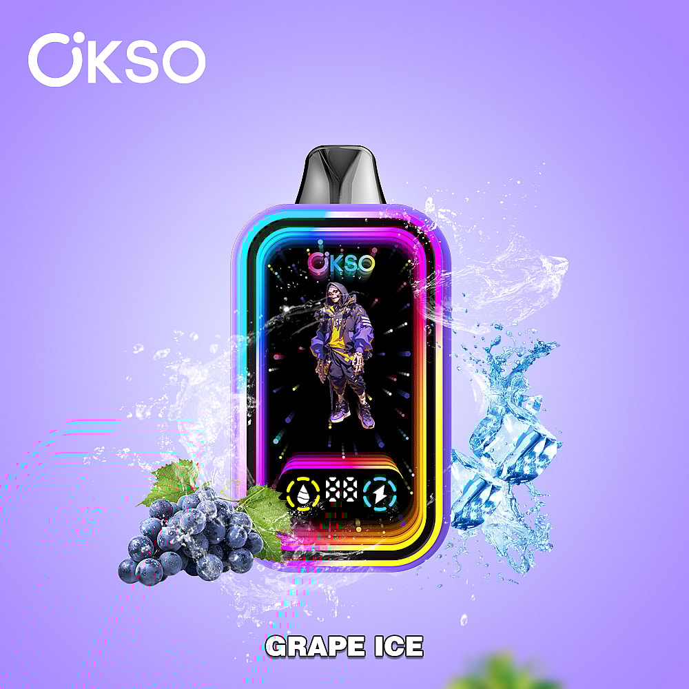 A Colorful Vape Device Featuring A Character Wearing A Purple Outfit, With Splashes Of Water And Ice Cubes Around It, Alongside Clusters Of Grapes, On A Vibrant Purple Background Labeled &Quot;Grape Ice.&Quot;