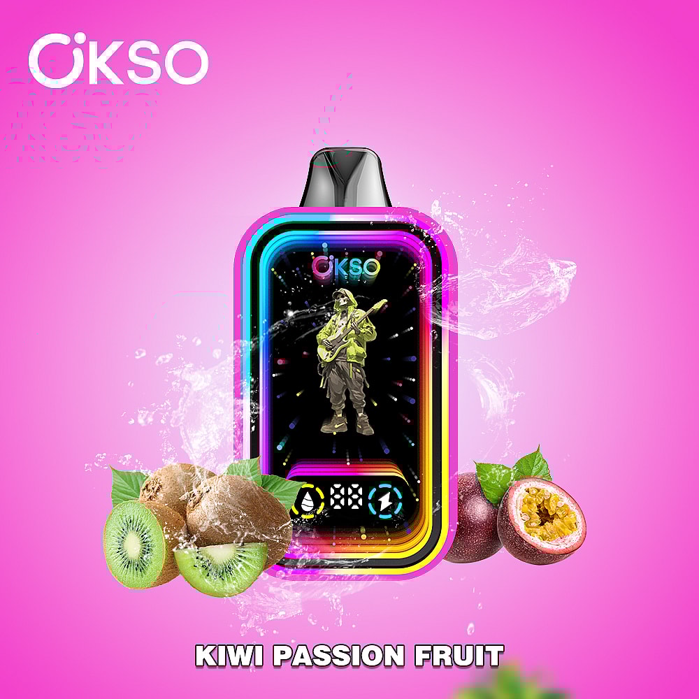 A Colorful Vape Device Featuring A Musician Graphic, With A Vibrant Pink Background And Fresh Kiwi And Passion Fruit Displayed In Front, Promoting 'Kiwi Passion Fruit' Flavor.
