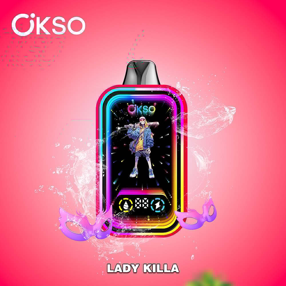 A Vibrant Vaping Device Named 'Lady Killa' Featuring A Colorful Illustration Of A Skeleton Character Wearing A Casual Outfit, Surrounded By Splashes Of Water And Flanked By Two Purple Decorative Masks Against A Pink Background.