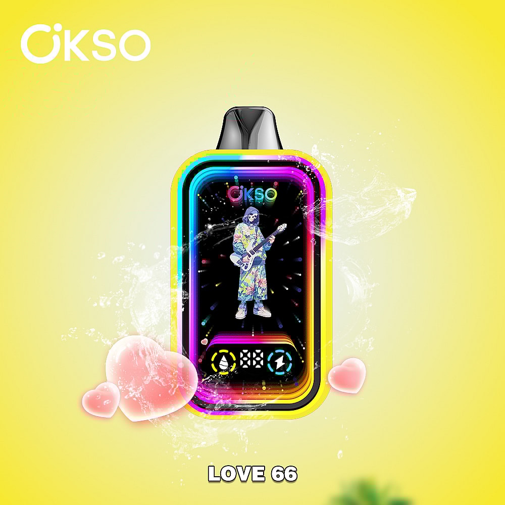 A Colorful Vaping Device Featuring A Playful Design With A Cartoonish Figure Playing A Guitar, Set Against A Bright Yellow Background, Surrounded By Soft Heart Shapes And Water Splash Effects, Labeled 'Love 66' At The Bottom.