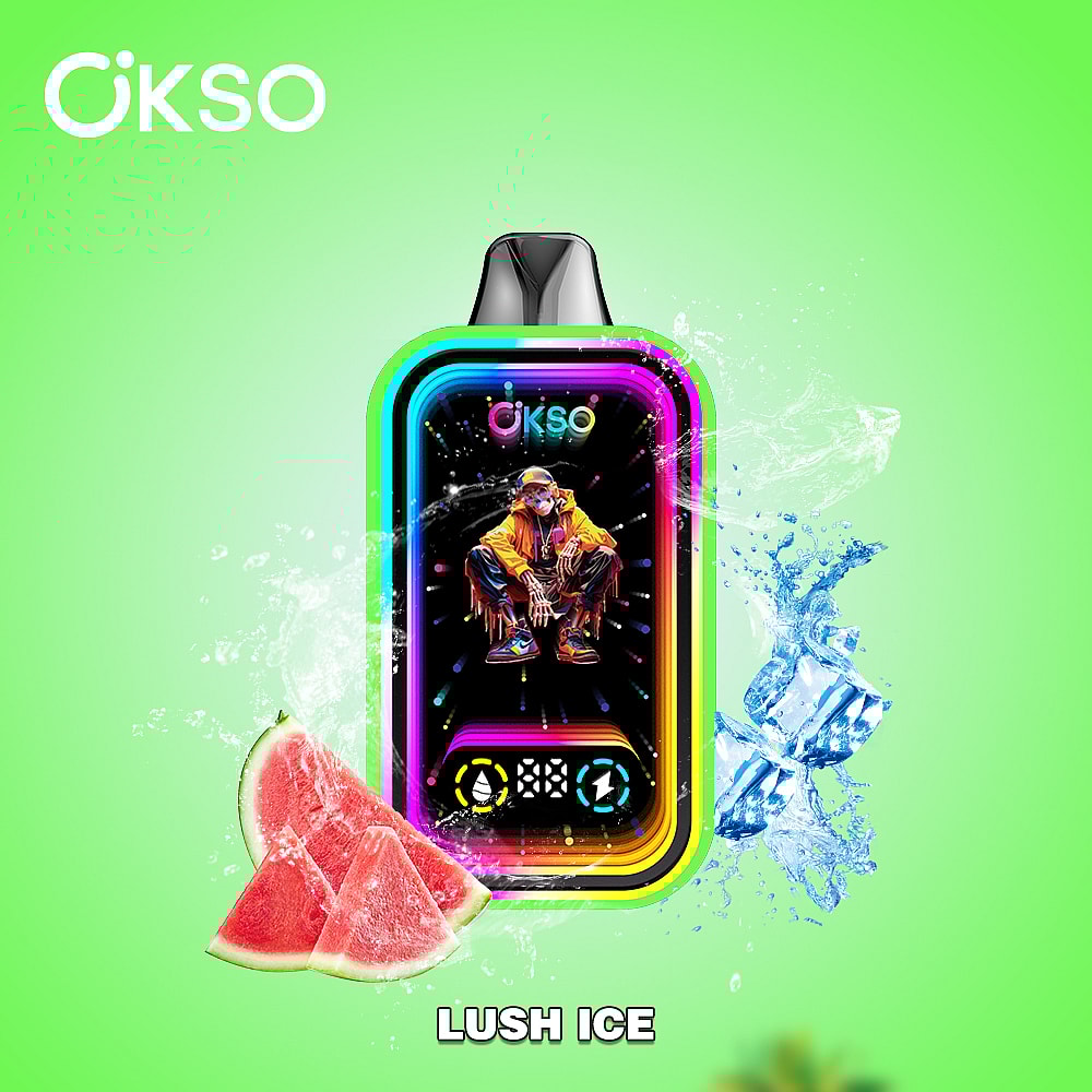 A Colorful Vape Device Labeled 'Okso Lush Ice' Surrounded By Splashes Of Water, With Watermelon Slices Positioned To The Left, Set Against A Vibrant Green Background.
