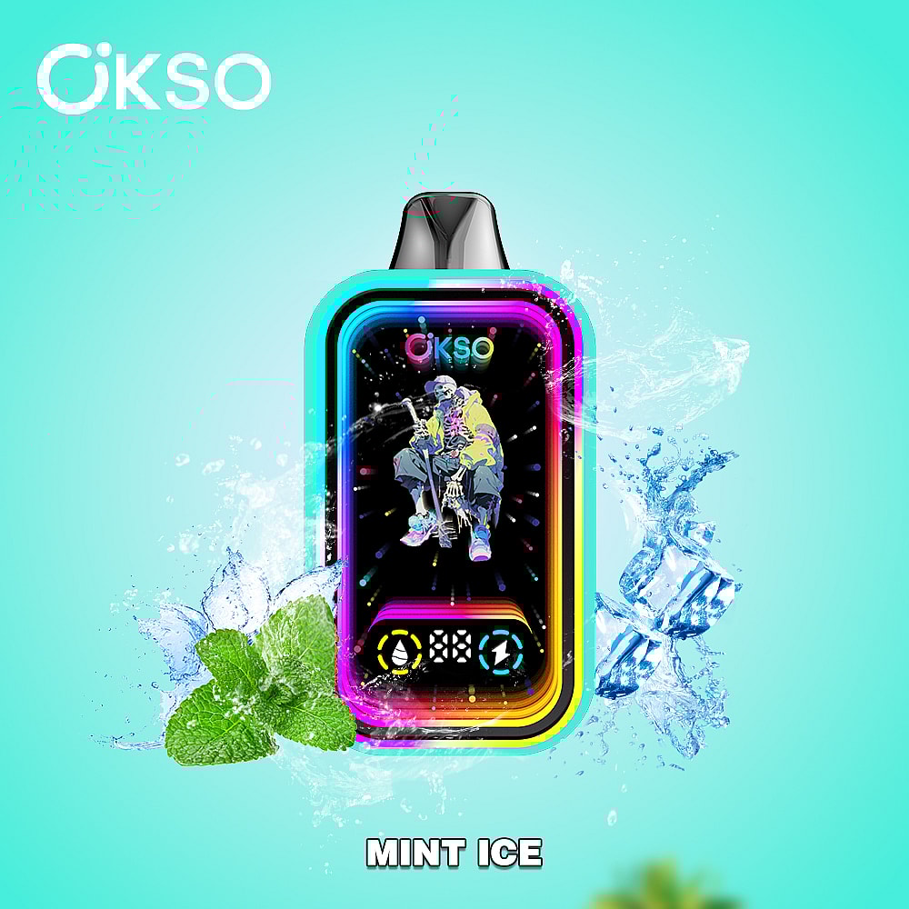 A Colorful Vape Device Labeled 'Mint Ice' With A Digital Display, Featuring An Artistic Illustration Of A Person Sitting On A Skateboard, Surrounded By Mint Leaves And Splashes Of Water Against A Light Blue Background.