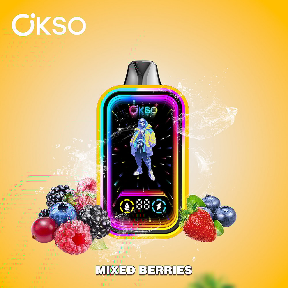 A Colorful Vaping Device Surrounded By An Assortment Of Mixed Berries, Including Strawberries, Blueberries, Raspberries, And Blackberries, Set Against A Bright Yellow Background, With Water Splashes Enhancing The Vibrant Composition.