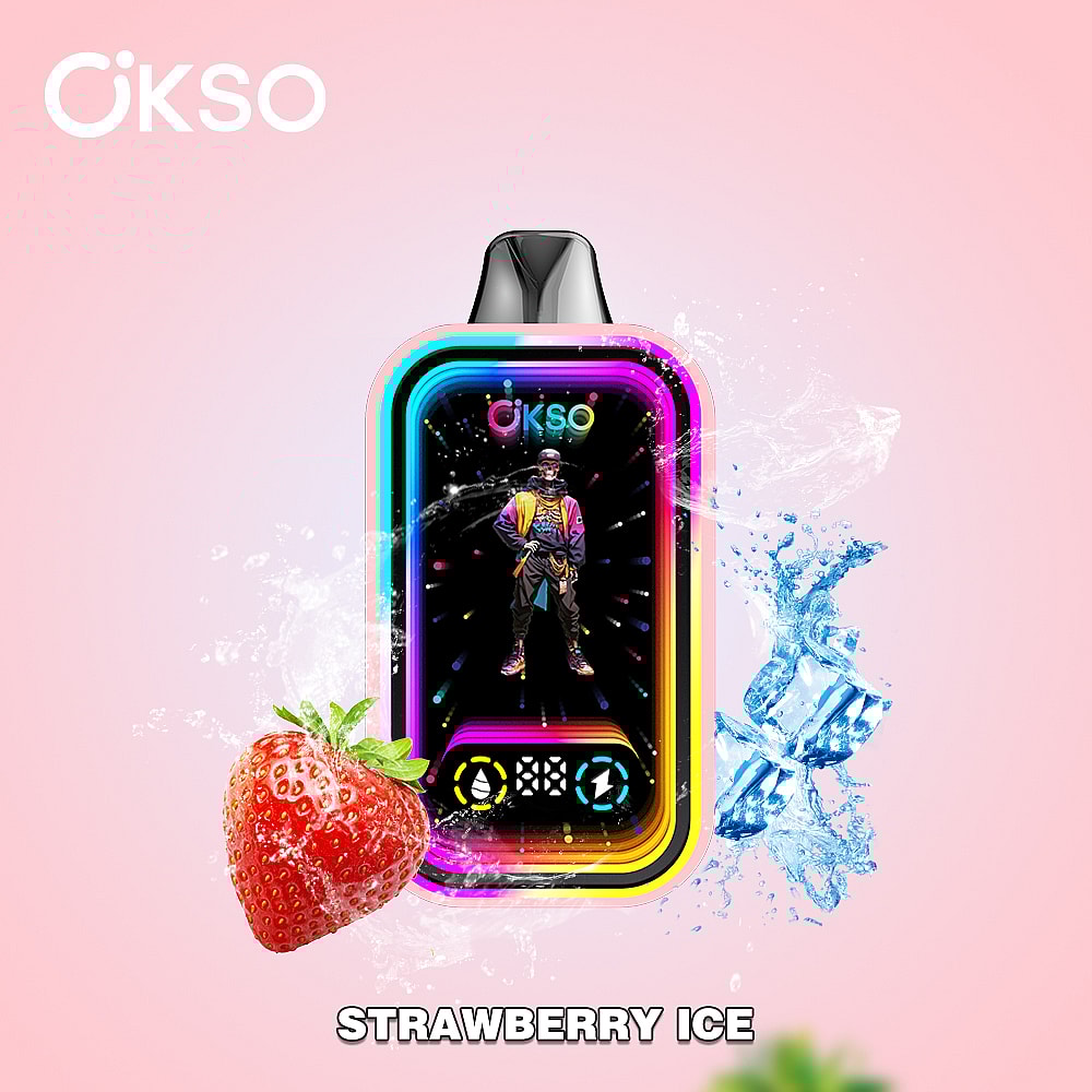 A Colorful Vape Device Featuring A Digital Display With A Stylized Character, Surrounded By Splashes Of Water, A Fresh Strawberry, And Ice Cubes, Set Against A Pink Background With The Label 'Strawberry Ice.'