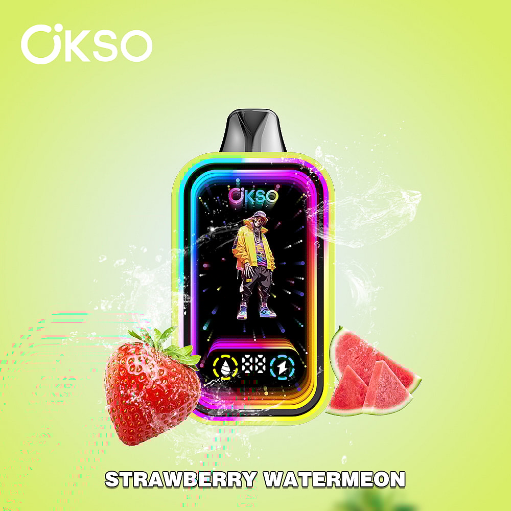 A Colorful Vaping Device Prominently Featuring A Vibrant Display And A Character In A Stylish Outfit, Surrounded By Fresh Strawberries And Watermelon Slices On A Bright Green Background, Indicating The Flavor 'Strawberry Watermelon.'
