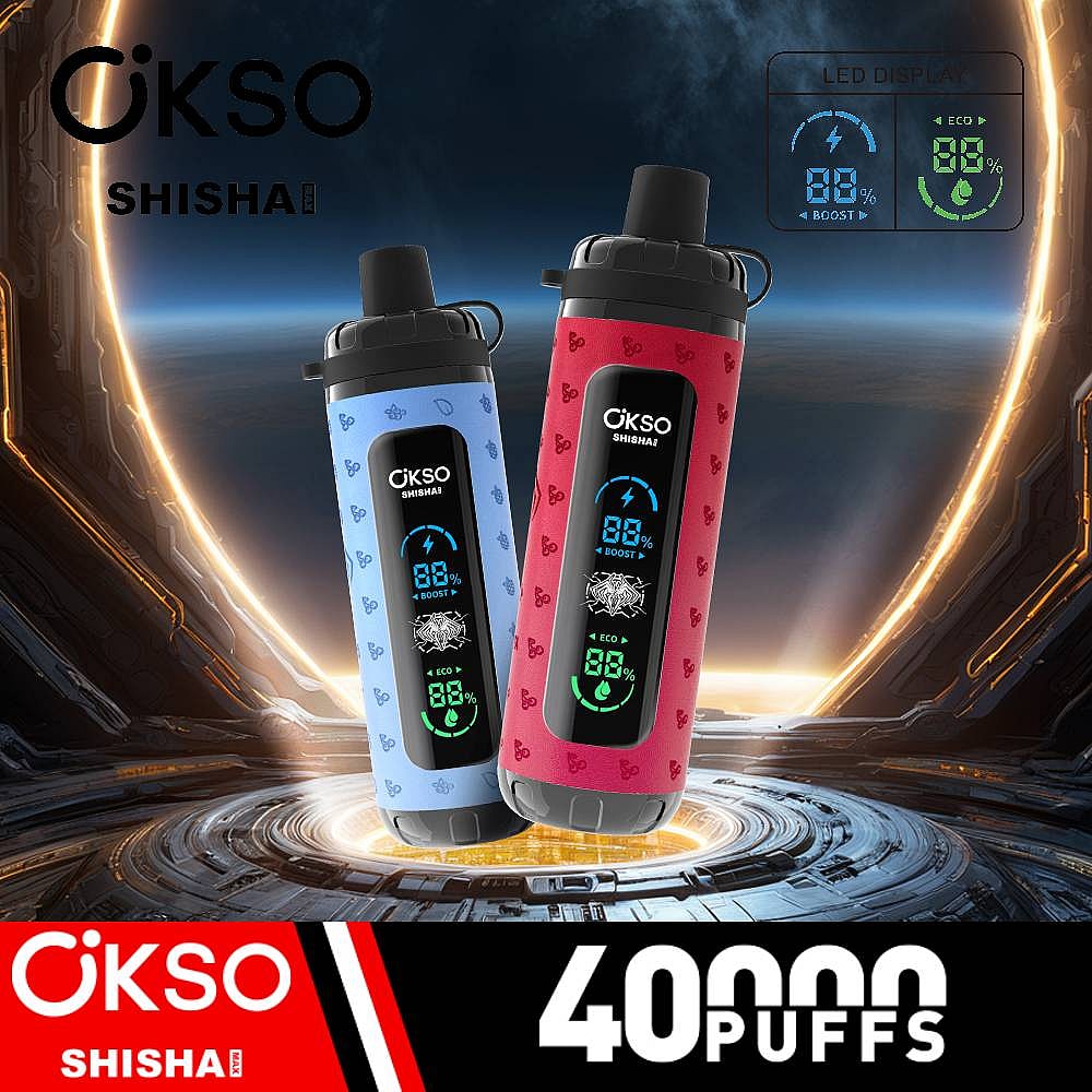 Un narghilè blu e uno rosso dotato di schermi LED che indicano i livelli della batteria e le modalità, il tutto su uno sfondo futuristico con un'atmosfera spaziale; in basso è ben visibile la scritta "40000 boccate".