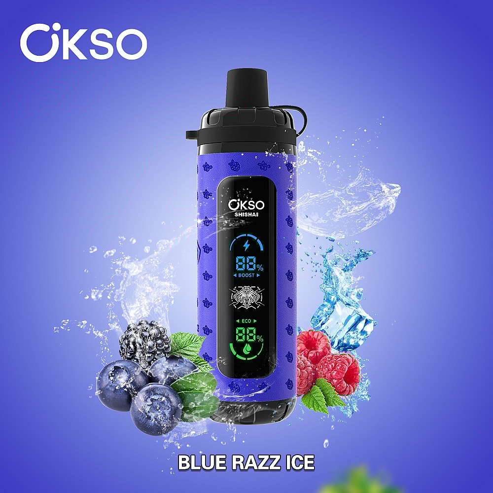 A Purple Portable Vaporizer Labeled 'Okso' Displays Digital Readings Of Battery Life And Modes, Surrounded By Splashes Of Water, Blueberries, Raspberries, And Ice, Set Against A Blue Gradient Background And Titled 'Blue Razz Ice.'