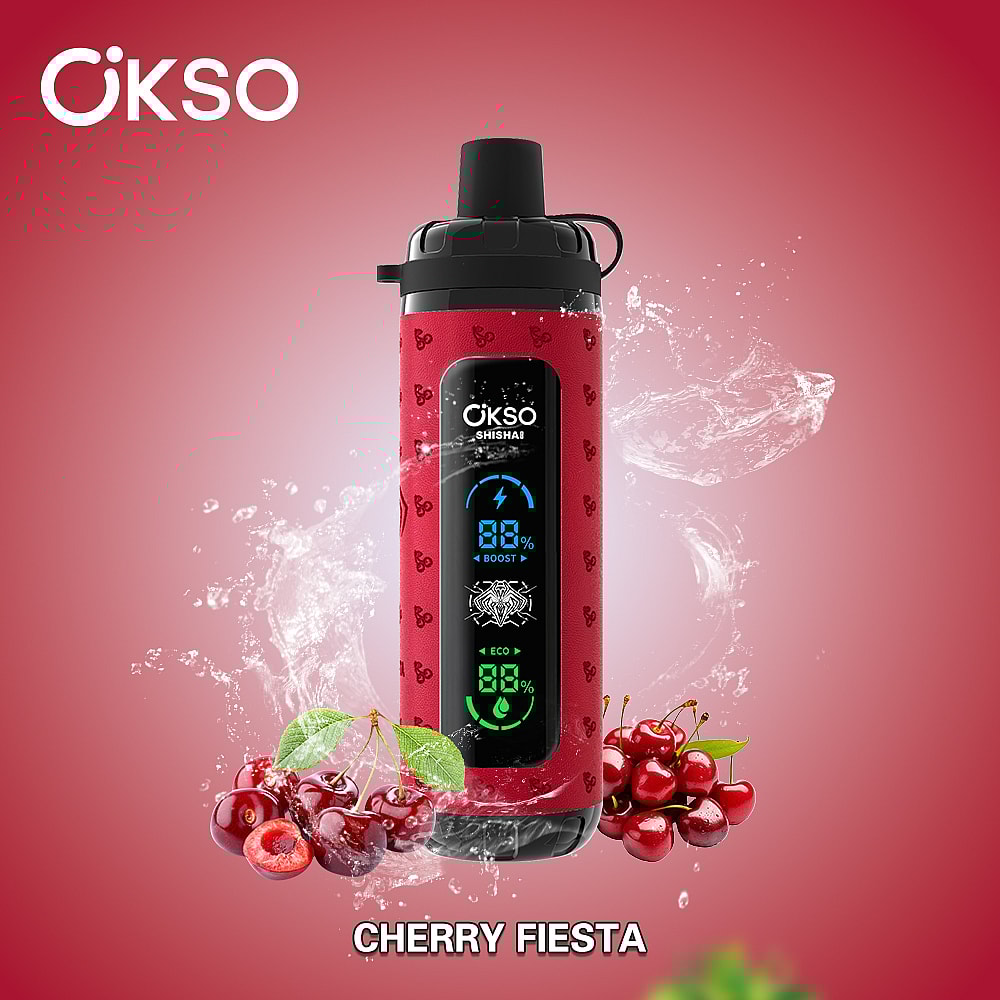 A Red Okso Shisha Device With Digital Display Settings Showing Battery And Mode Indicators, Surrounded By Cherries And Splashes Of Water, Set Against A Gradient Pink Background Labeled 'Cherry Fiesta.'