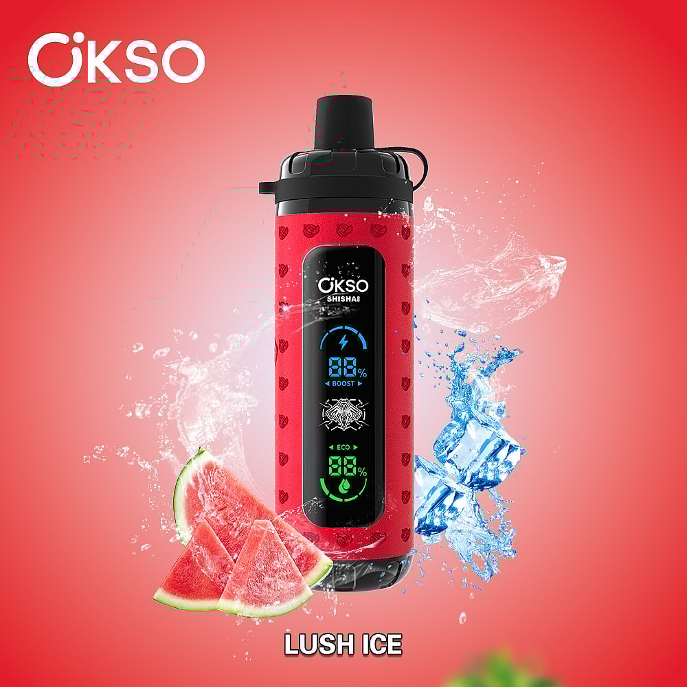 A Vibrant Red Portable Vapourizer With A Digital Display, Featuring Watermelon Slices And Splashes Of Water Against A Gradient Background, Promoting The Flavor 'Lush Ice'.
