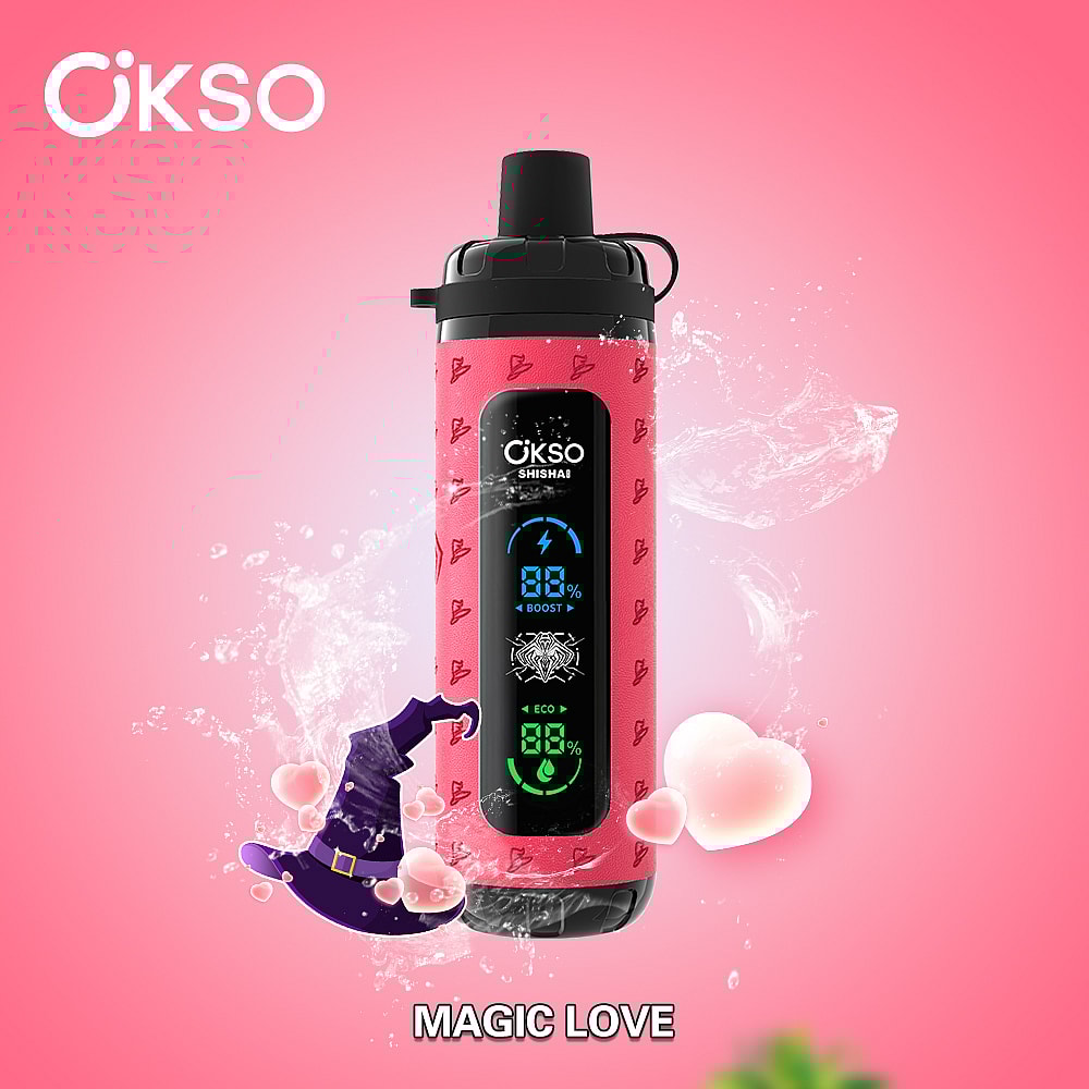A Bright Pink Okso Shisha Device With A Digital Display Showing Battery Levels, Surrounded By Whimsical Elements Like Hearts And A Witch'S Hat, Set Against A Soft Pink Background.