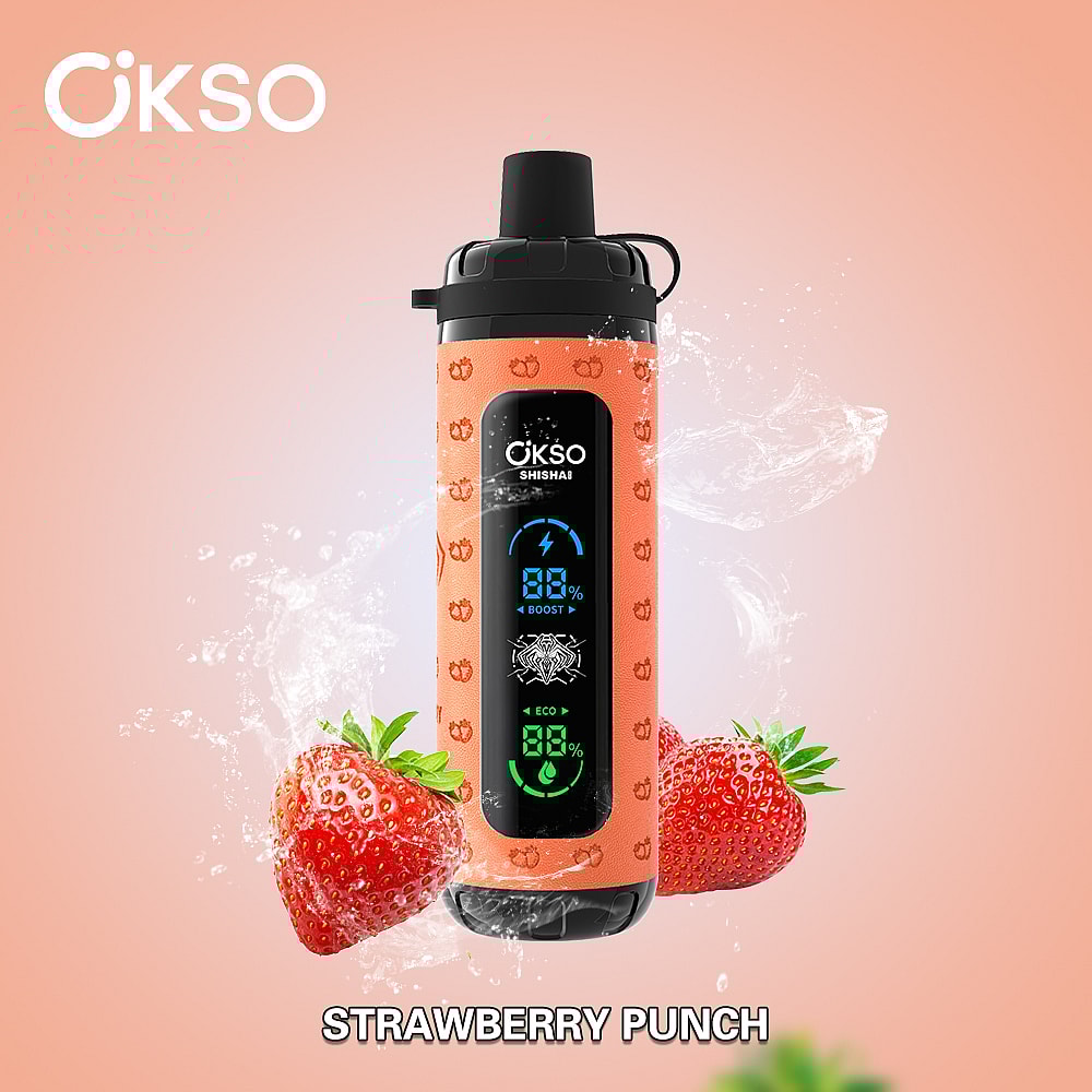 A Vibrant Orange Okso Device With A Digital Display Showing Battery Percentage And Settings, Surrounded By Splashes Of Water And Fresh Strawberries, Emphasizing The 'Strawberry Punch' Flavor.