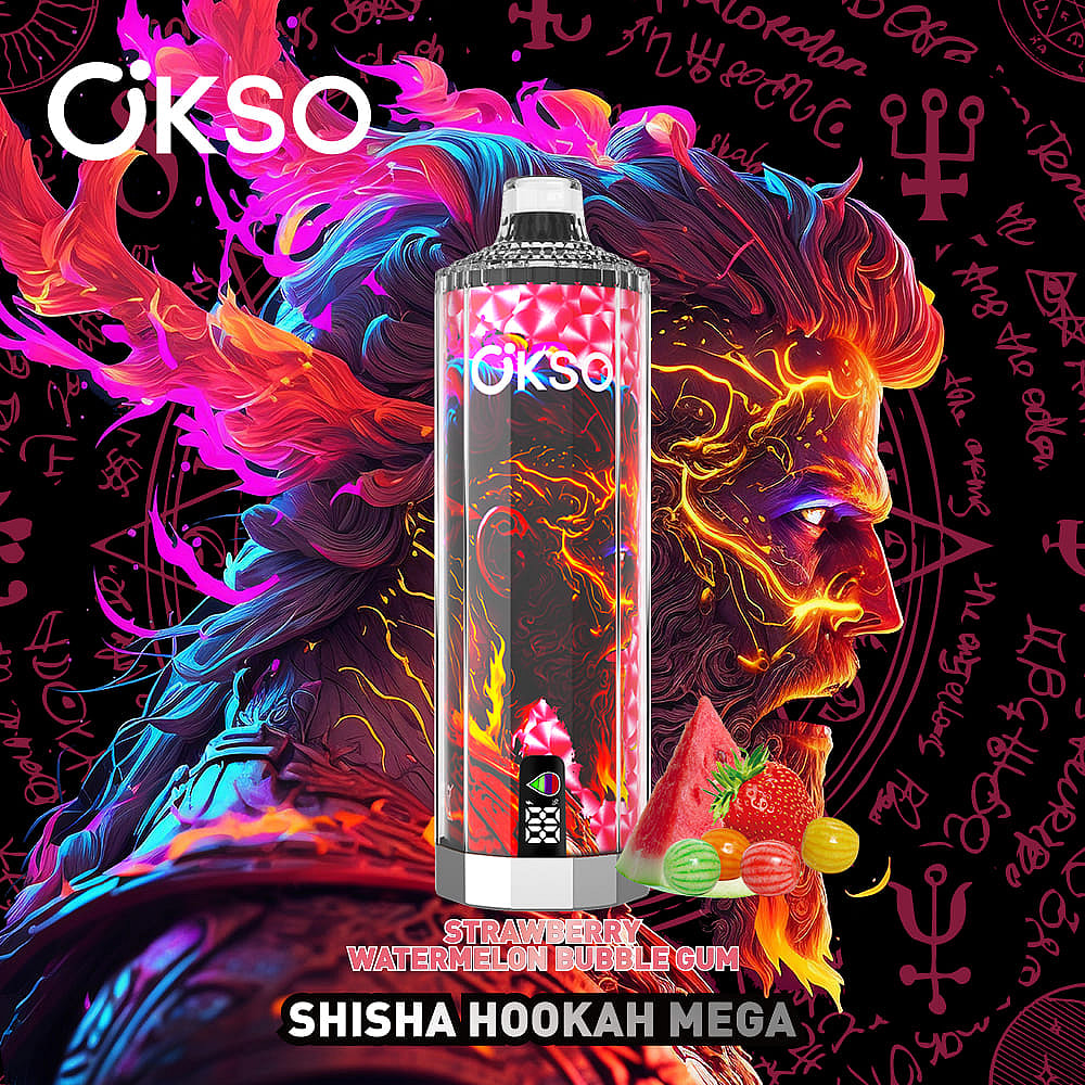 A Stylized Hookah Product Featuring Vibrant Packaging With A Colorful Depiction Of A Bearded Man, Surrounded By Abstract Flames, And Key Fruit Visuals Of Strawberries And Watermelon, Set Against A Dark, Mystical Background With Alchemical Symbols, Labeled As 'Strawberry Watermelon Bubblegum Shisha Hookah Mega'.