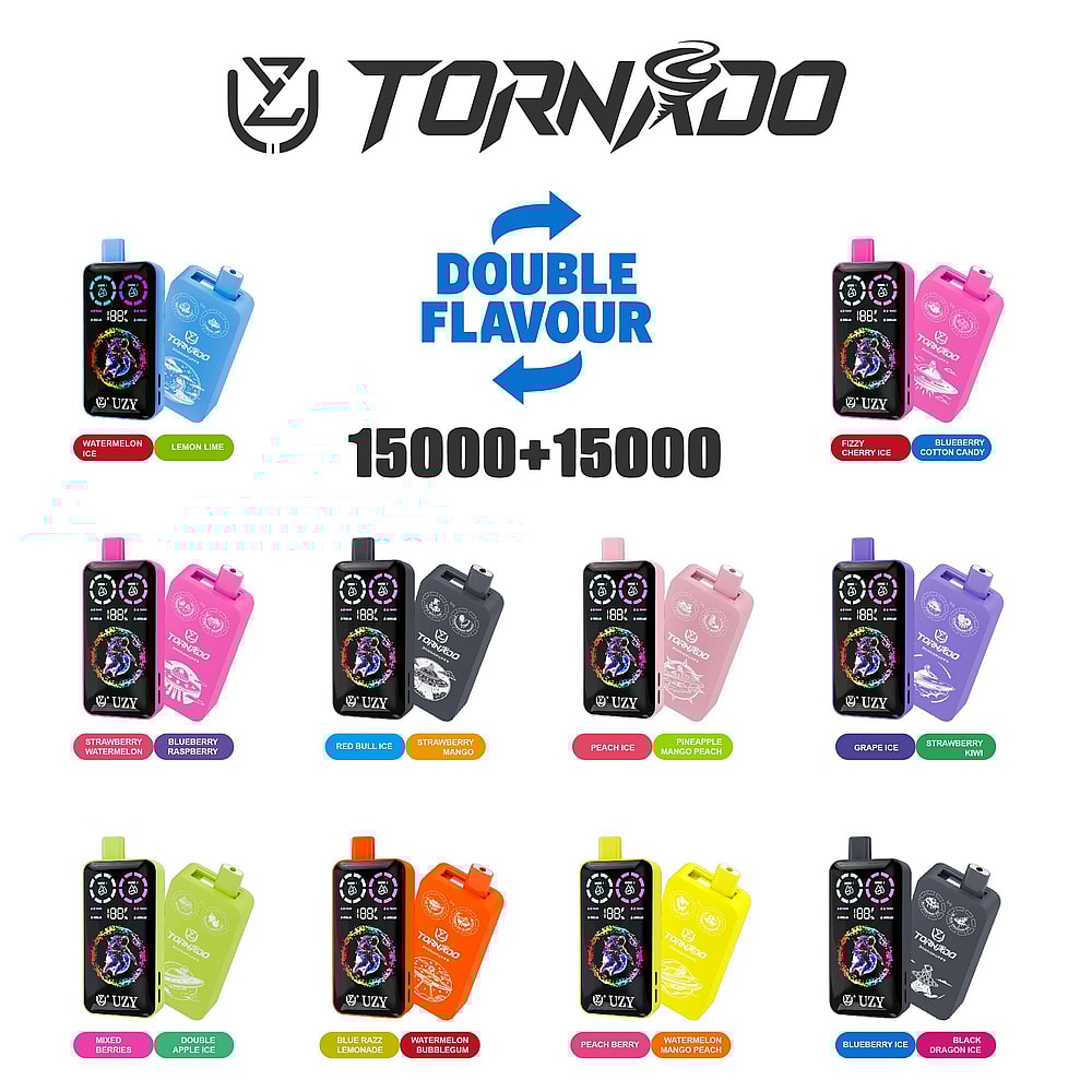 A Collection Of Flavored Disposable Vape Devices Featuring Various Colors And Designs, Labeled With Names Such As 'Watermelon Ice', 'Lemon Lime', 'Fizzy Cherry Ice', 'Blueberry Cotton Candy', And Others, Showcasing The Tagline 'Double Flavour' And The Capacity '15000+15000'.