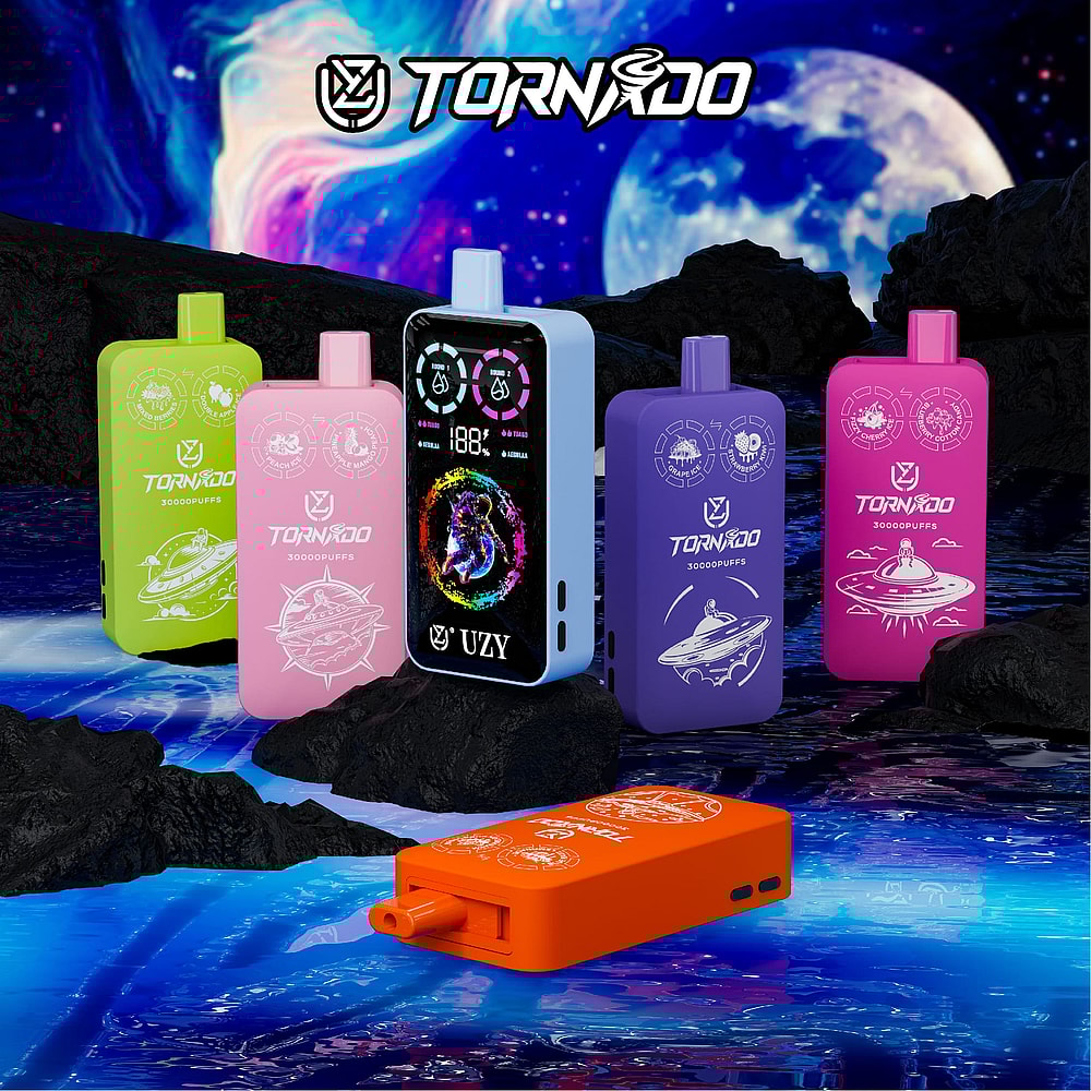 A Colorful Assortment Of Tornado Brand Vaping Devices Sits On Dark Rocky Terrain With A Cosmic Background, Featuring Six Devices In Vibrant Colors Including Green, Pink, Purple, Blue, And Orange, With The Central Device Displaying An Led Screen.