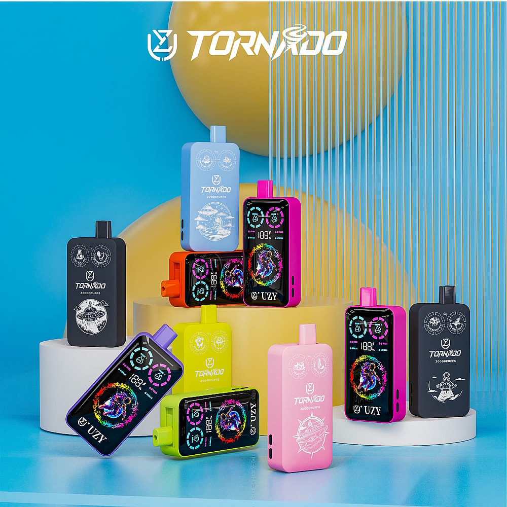 A Collection Of Colorful Vape Devices Arranged On Podiums, Featuring Various Designs And Display Screens, With A Bright Blue Background And Shimmering Vertical Lines.