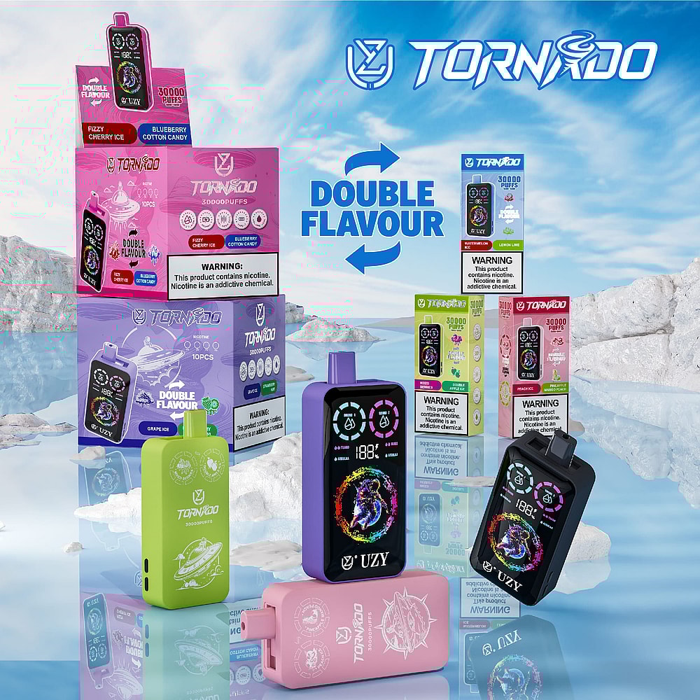 A Colorful Display Of Tornado Vaping Devices And Products Featuring A Variety Of Flavors, Including Fizzy Cherry Ice And Blueberry Cotton Candy, With A Prominent Label Stating 'Double Flavour' Against An Icy Backdrop.