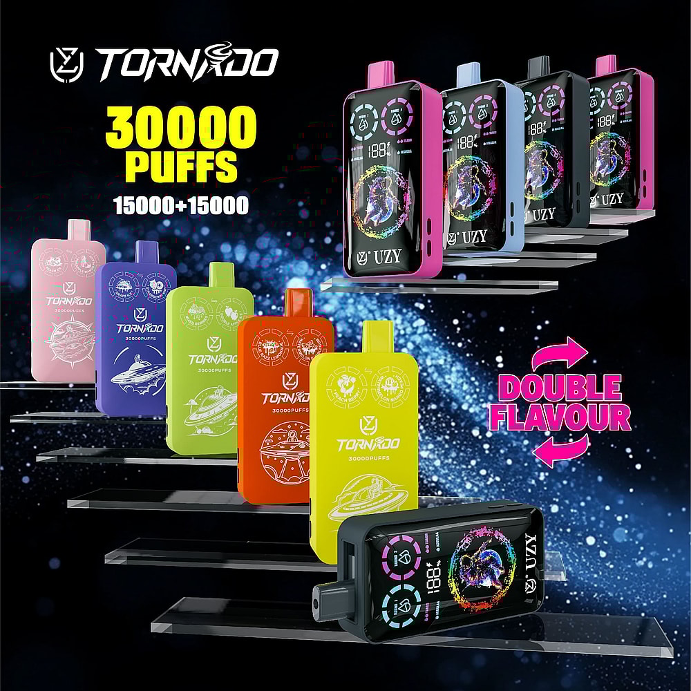 Una colorata esposizione di vari dispositivi Tornado Vape, che presentano diversi gusti e capacità, con scritte in evidenza come "30000 tiri" e "doppio sapore" in un design vivace su uno sfondo scuro.