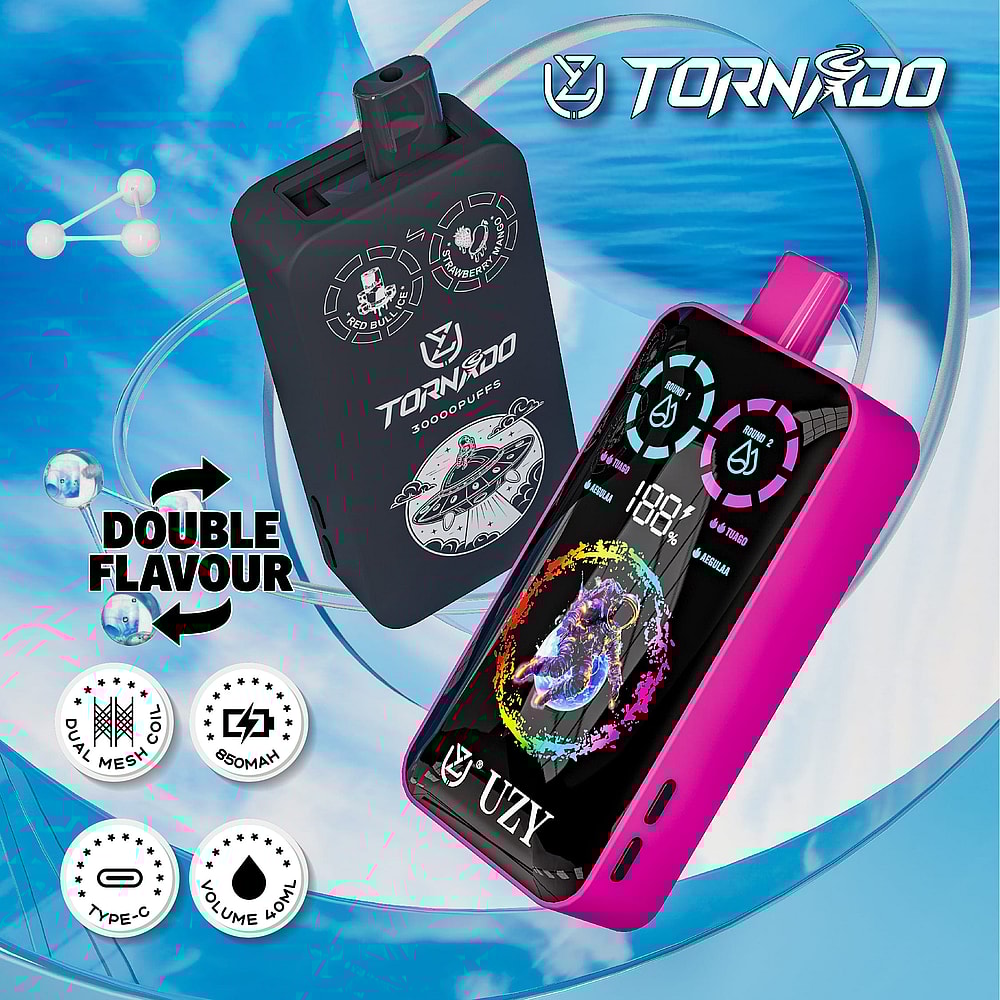 A Pink And Black Vaping Device Prominently Displaying Its Features, Including A Dual Flavor Capability, Battery Status, And A Colorful Graphic Design Of An Astronaut Surrounded By A Rainbow Effect.