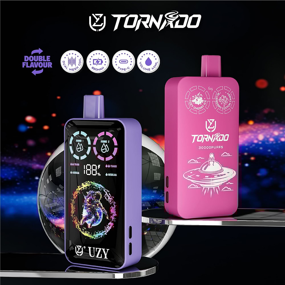 A Purple And A Pink Vaping Device Labeled 'Tornado', With Digital Displays Showing Battery Level And Flavor Options, Set Against A Colorful Cosmic Background With Stylized Icons And Graphics Relevant To Vaping Features.