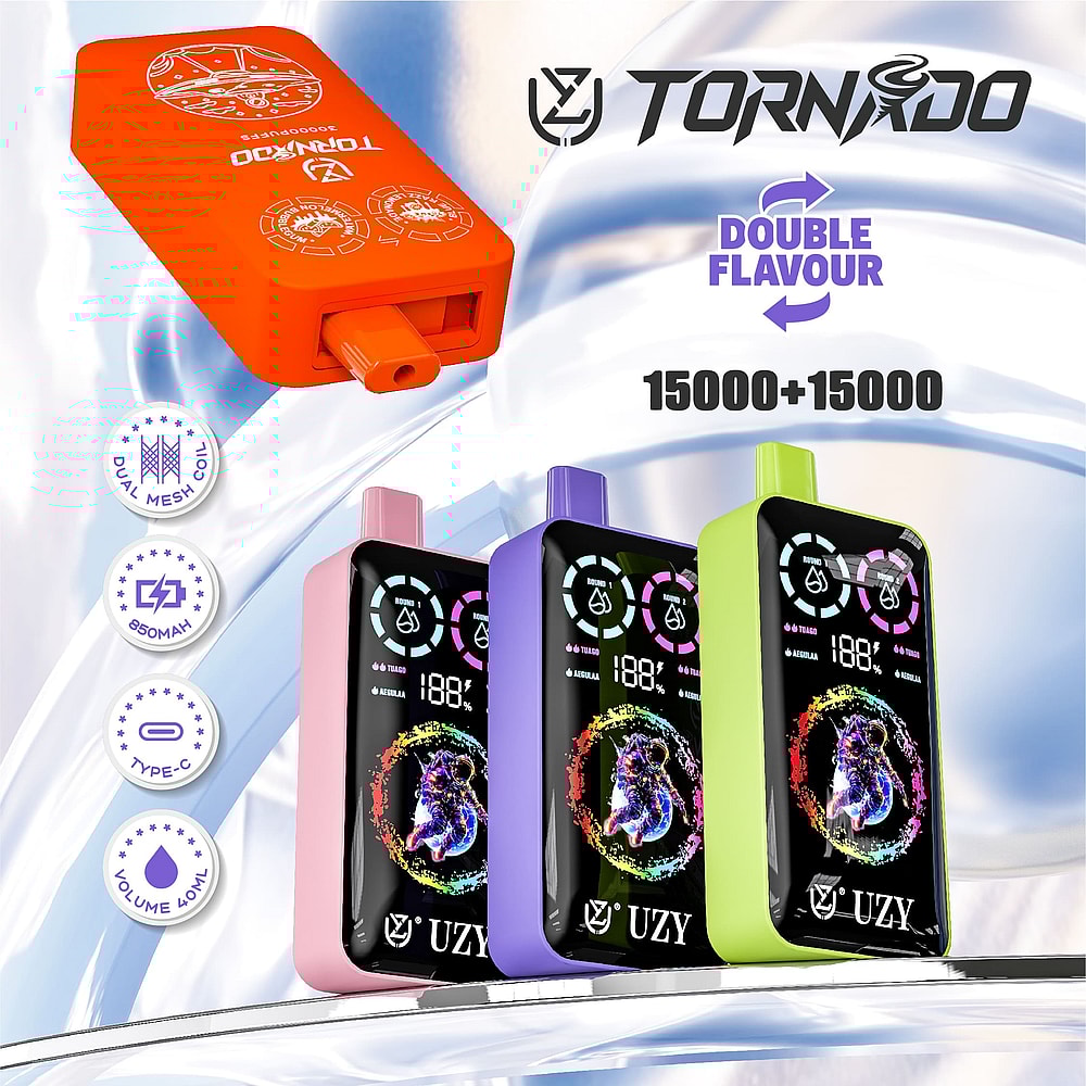 Three Colorful Vape Devices In Shades Of Lilac, Pink, And Green, Alongside An Orange Device, All Featuring Displays Indicating Battery Level And Other Features Like '15000+15000' And 'Double Flavour', Set Against A Sleek, Modern Background.