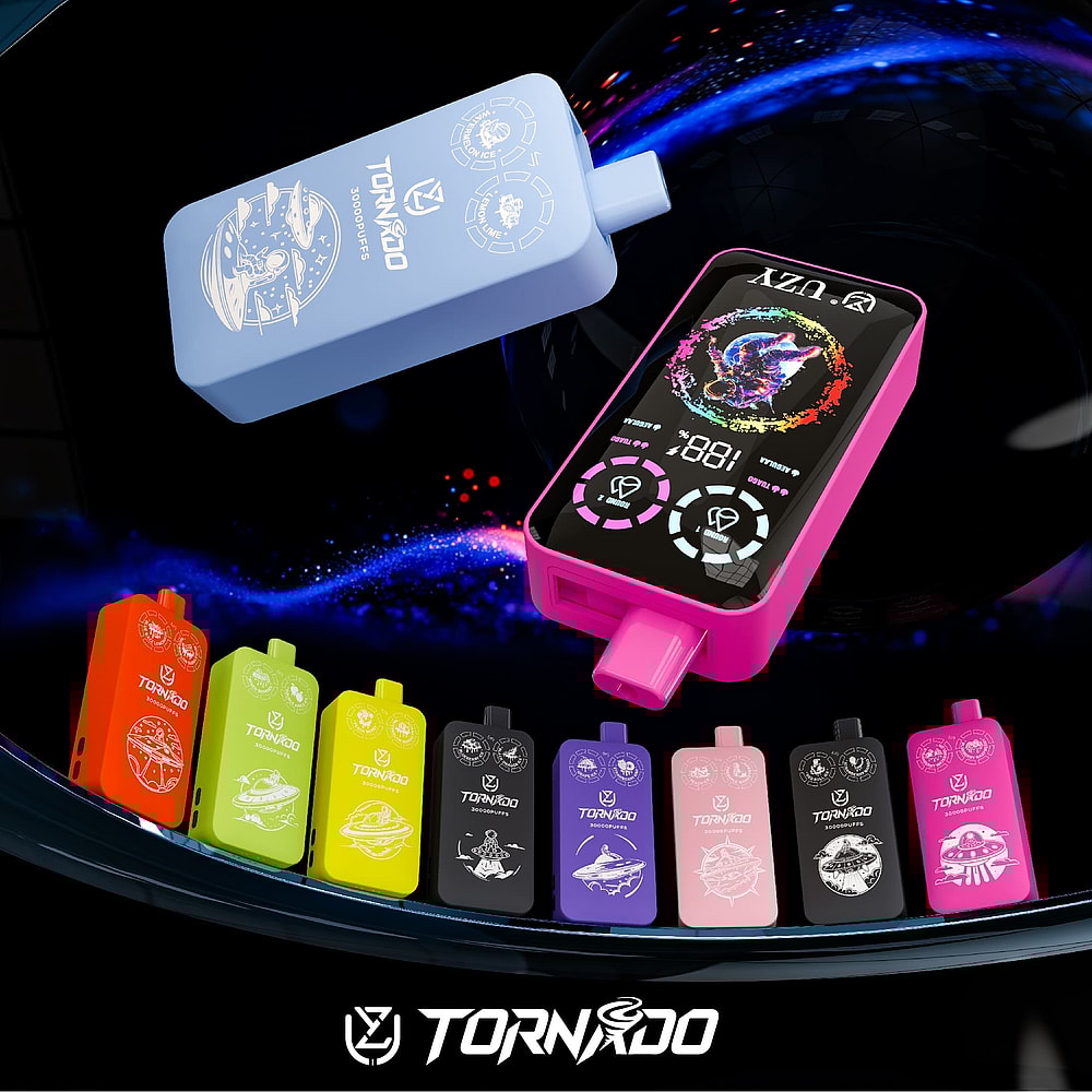 A Collection Of Colorful Vaping Devices Featuring A Pink Device With A Digital Display Showing Settings, Alongside Blue, Orange, Green, Yellow, Black, And Purple Variations, All Set Against A Swirling Cosmic Background.