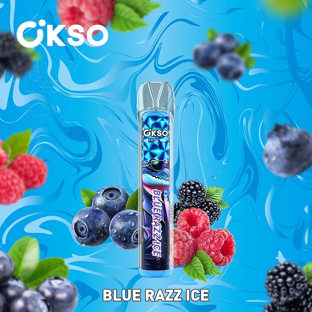A Colorful Vape Pen Labeled &Quot;Blue Razz Ice&Quot; Surrounded By Images Of Blueberries, Raspberries, And Blackberries, Set Against A Bright Blue Background With Fluid Designs.