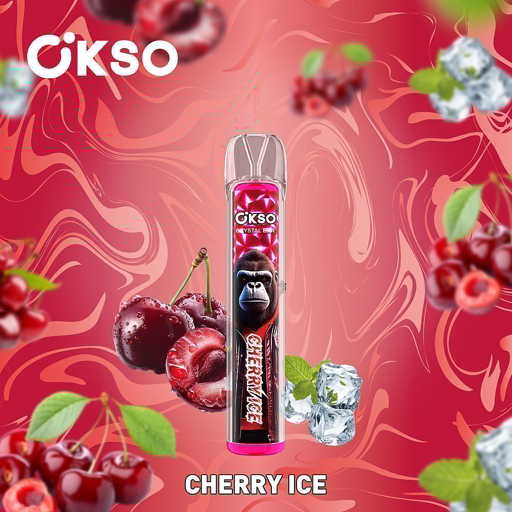 A Colorful Pink And Red Graphic Featuring The 'Cherry Ice' Vape Product, Which Displays A Gorilla Face, Surrounded By Fresh Cherries And Ice Cubes, Against An Abstract Swirl Background.