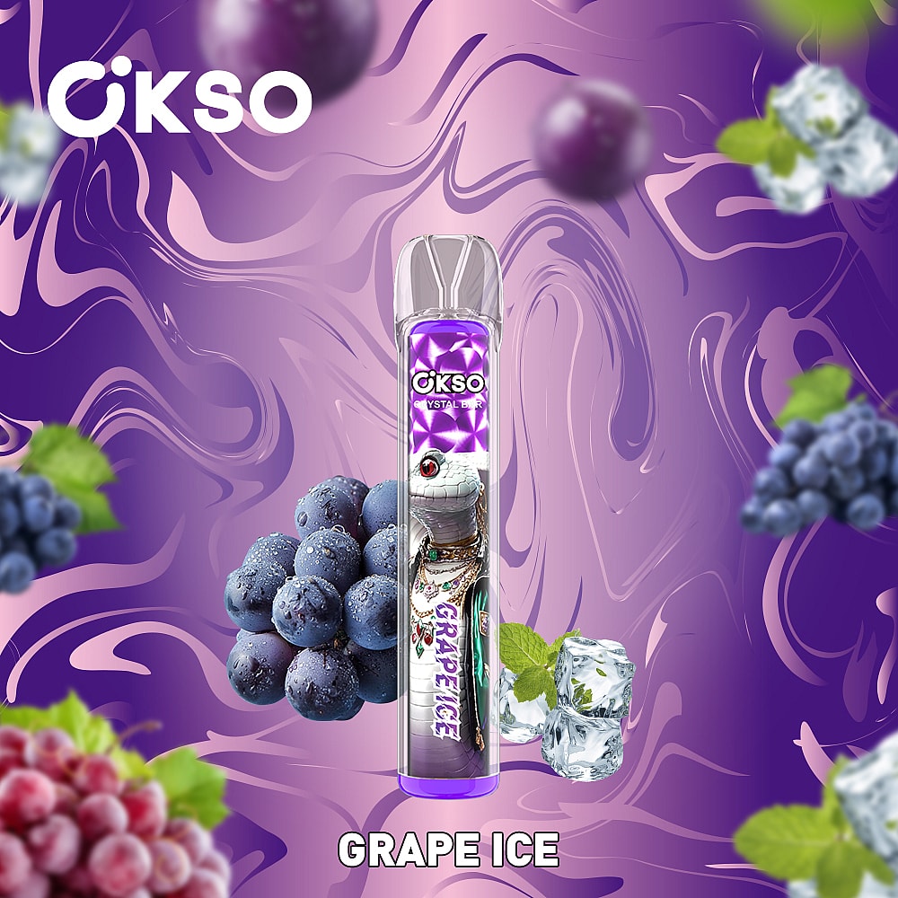 A Colorful Vape Device Labeled 'Grape Ice' Surrounded By Clusters Of Fresh Blueberries And Grapes, With Ice Cubes, Set Against A Swirling Purple Background.
