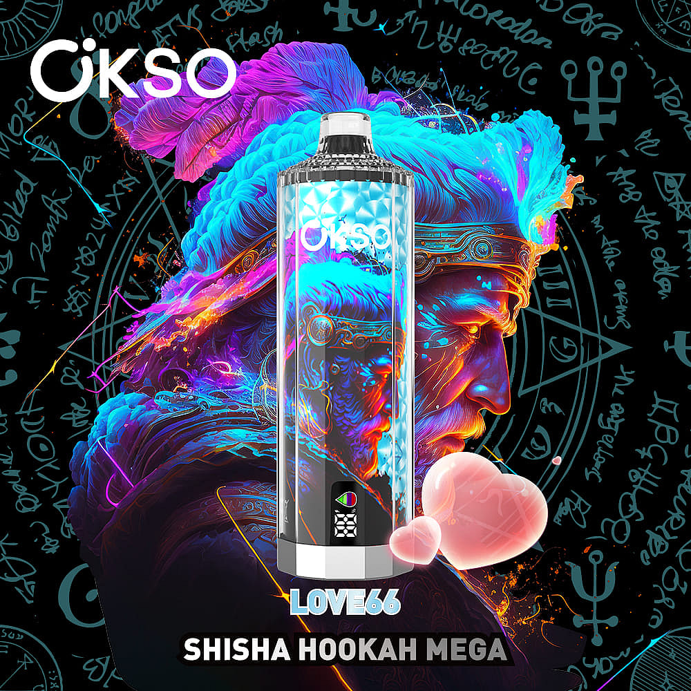 A Colorful, Futuristic-Shape Hookah Called 'Love66' From The Brand Oikso, Surrounded By Vibrant Abstract Smoke And Mystical Symbols Against A Dark Background.